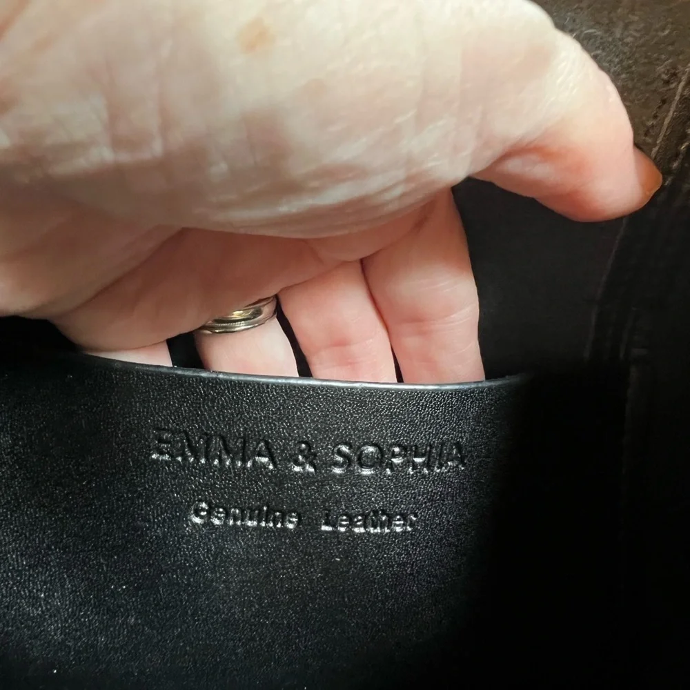 Emma and Sophia black leather satchel tote purse. With strap.